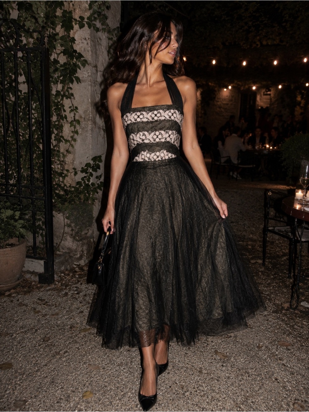 Vintage 1990s Laundry Shelli Segal Black Lace Tulle Halter Midi Dress 10 USA